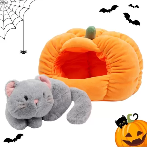 Hopearl Halloween Pumpkin Black Cat Stuffed Animal Kitty in Detachable Pumpkin Plush Toy Festival Gifts for Kids 95Grey Cat