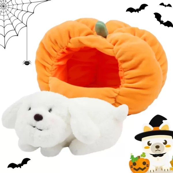 Hopearl Halloween Pumpkin Black Cat Stuffed Animal Kitty in Detachable Pumpkin Plush Toy Festival Gifts for Kids 95White Dog