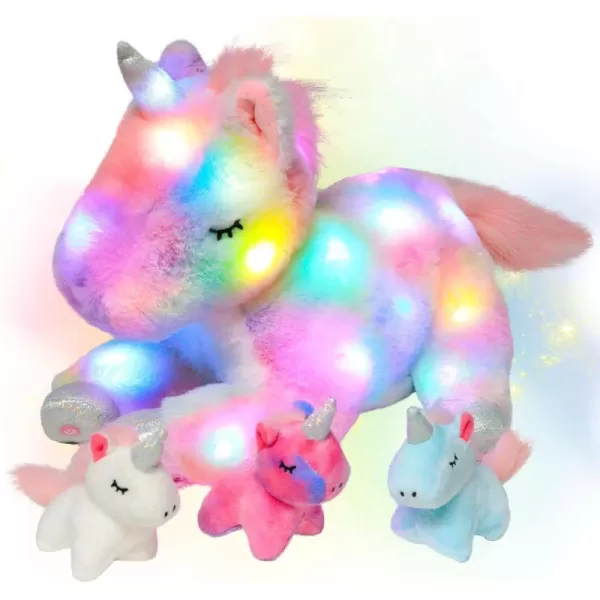 Hopearl LED Plush Unicorn Lighting Up Stuffed Mommy Unicorn with 3 Baby Unicorns in her Tummy Stuffed Animal Playset Night Lights Glow in The Dark for Mom Toddler Girls Rainbow 19