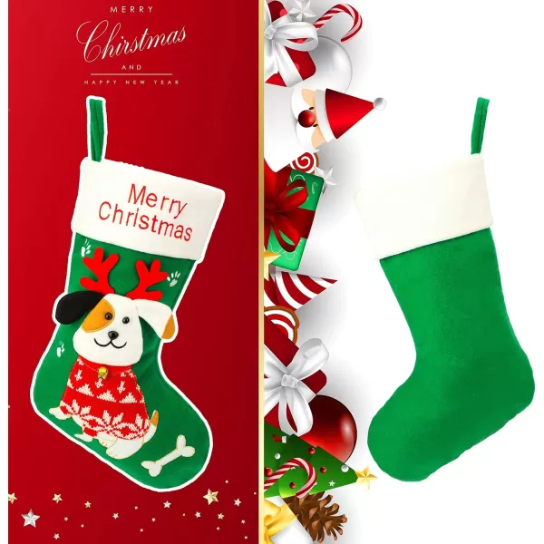 Hopearl 16 Dog Christmas Stocking 3D Pet Holder Puppy Ornament Gifts Bags for Pets Decoration Holiday Party Supply Seasonal Ornament Green