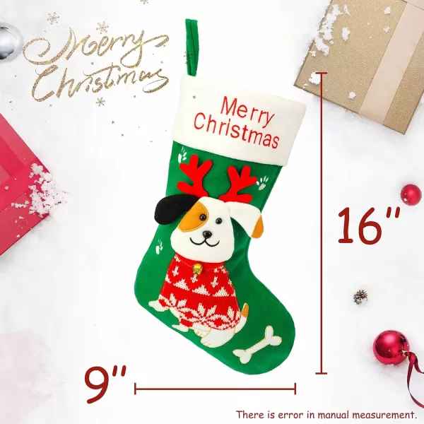 Hopearl 16 Dog Christmas Stocking 3D Pet Holder Puppy Ornament Gifts Bags for Pets Decoration Holiday Party Supply Seasonal Ornament Green