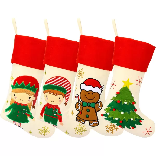 Hopearl 19 Christmas Stockings Kit 4 Pcs Xmas Stocking Boy Girl Gingerbread Man Rustic Flax Socks Holders Ornament Gift Bags for Family Xmas Tree Party Supplies