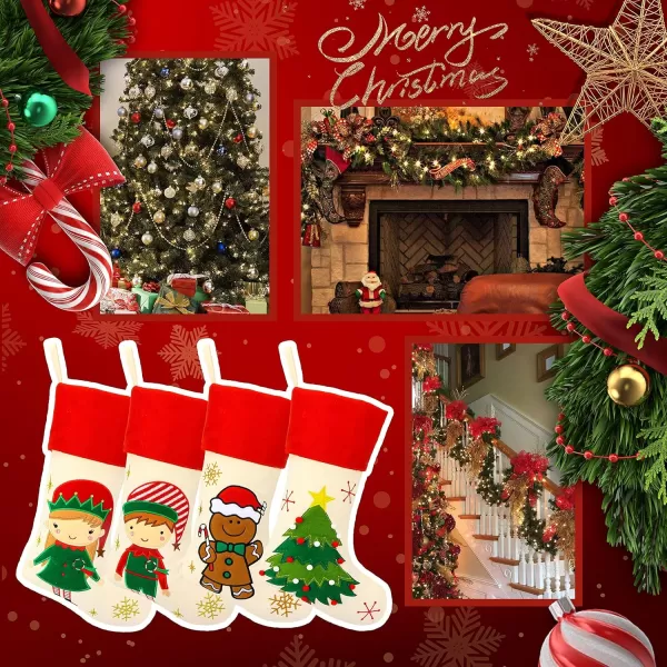 Hopearl 19 Christmas Stockings Kit 4 Pcs Xmas Stocking Boy Girl Gingerbread Man Rustic Flax Socks Holders Ornament Gift Bags for Family Xmas Tree Party Supplies