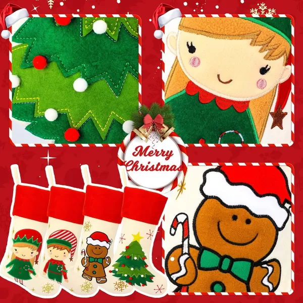 Hopearl 19 Christmas Stockings Kit 4 Pcs Xmas Stocking Boy Girl Gingerbread Man Rustic Flax Socks Holders Ornament Gift Bags for Family Xmas Tree Party Supplies