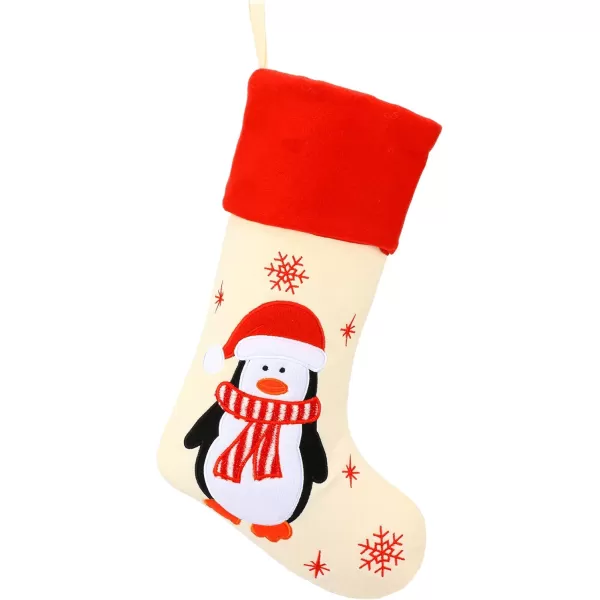 Hopearl 19 Christmas Stockings Kit 4 Pcs Xmas Stocking Father Christmas Snowman Reindeer Penguin Rustic Flax Socks Holders Ornament Gifts Bags for Family Tree Party Supplies