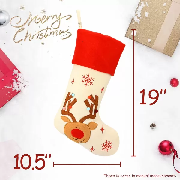 Hopearl 19 Christmas Stockings Kit 4 Pcs Xmas Stocking Father Christmas Snowman Reindeer Penguin Rustic Flax Socks Holders Ornament Gifts Bags for Family Tree Party Supplies