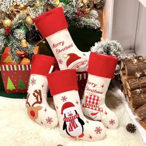 Hopearl 19 Christmas Stockings Kit 4 Pcs Xmas Stocking Father Christmas Snowman Reindeer Penguin Rustic Flax Socks Holders Ornament Gifts Bags for Family Tree Party Supplies