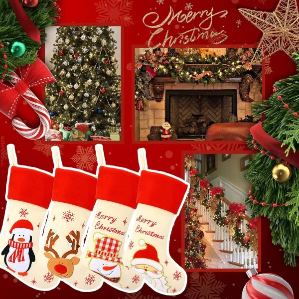 Hopearl 19 Christmas Stockings Kit 4 Pcs Xmas Stocking Father Christmas Snowman Reindeer Penguin Rustic Flax Socks Holders Ornament Gifts Bags for Family Tree Party Supplies