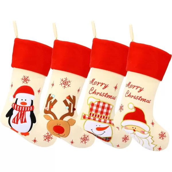 Hopearl 19 Christmas Stockings Kit 4 Pcs Xmas Stocking Father Christmas Snowman Reindeer Penguin Rustic Flax Socks Holders Ornament Gifts Bags for Family Tree Party Supplies