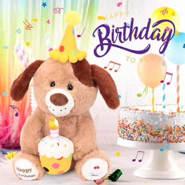 Hopearl Adorable Happy Birthday Teddy Bear with Glowing Cupcake Musical Stuffed Animal Bear Singing and Shaking Plush Toy Interactive Animated Kids Gift Brown 15Dog