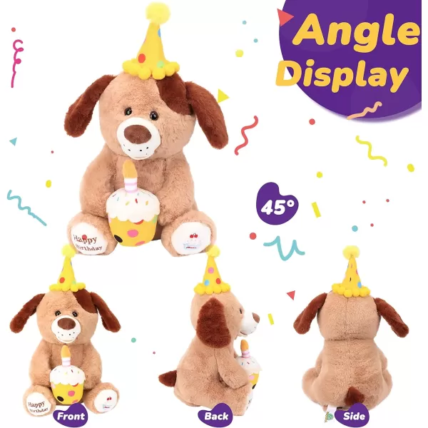 Hopearl Adorable Happy Birthday Teddy Bear with Glowing Cupcake Musical Stuffed Animal Bear Singing and Shaking Plush Toy Interactive Animated Kids Gift Brown 15Dog