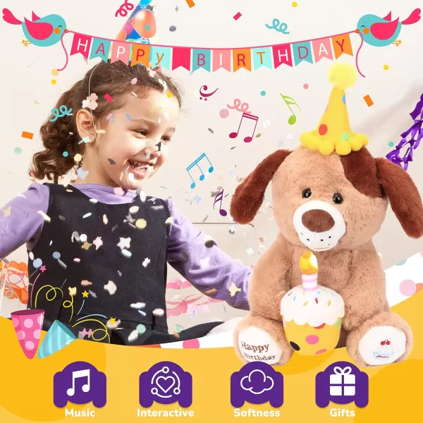 Hopearl Adorable Happy Birthday Teddy Bear with Glowing Cupcake Musical Stuffed Animal Bear Singing and Shaking Plush Toy Interactive Animated Kids Gift Brown 15Dog