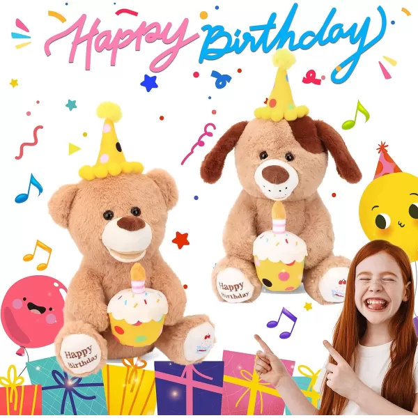 Hopearl Adorable Happy Birthday Teddy Bear with Glowing Cupcake Musical Stuffed Animal Bear Singing and Shaking Plush Toy Interactive Animated Kids Gift Brown 15Bear