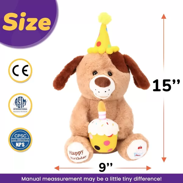 Hopearl Adorable Happy Birthday Teddy Bear with Glowing Cupcake Musical Stuffed Animal Bear Singing and Shaking Plush Toy Interactive Animated Kids Gift Brown 15Dog