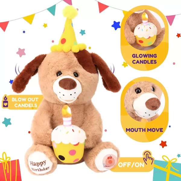 Hopearl Adorable Happy Birthday Teddy Bear with Glowing Cupcake Musical Stuffed Animal Bear Singing and Shaking Plush Toy Interactive Animated Kids Gift Brown 15Dog