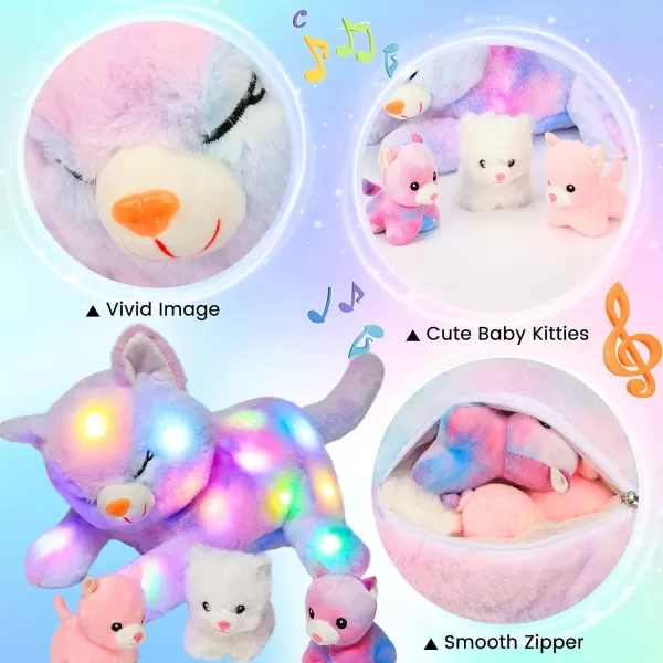 Hopearl LED Musical Stuffed Cat Lighting Up Singing Plush Toy Playset Mommy Cat with 3 Baby Kittens in her Tummy Lullaby Animated Soothe for Mom Kids Toddler Girls Rainbow 18