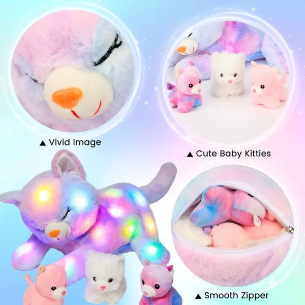 Hopearl LED Plush Cat Lighting Up Stuffed Mommy Cat with 3 Baby Kittens in her Tummy Stuffed Animal Playset Night Lights Glow in The Dark for Mom Kids Toddler Girls Rainbow 18