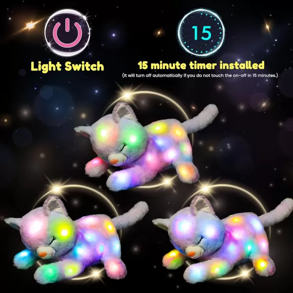 Hopearl LED Plush Cat Lighting Up Stuffed Mommy Cat with 3 Baby Kittens in her Tummy Stuffed Animal Playset Night Lights Glow in The Dark for Mom Kids Toddler Girls Rainbow 18