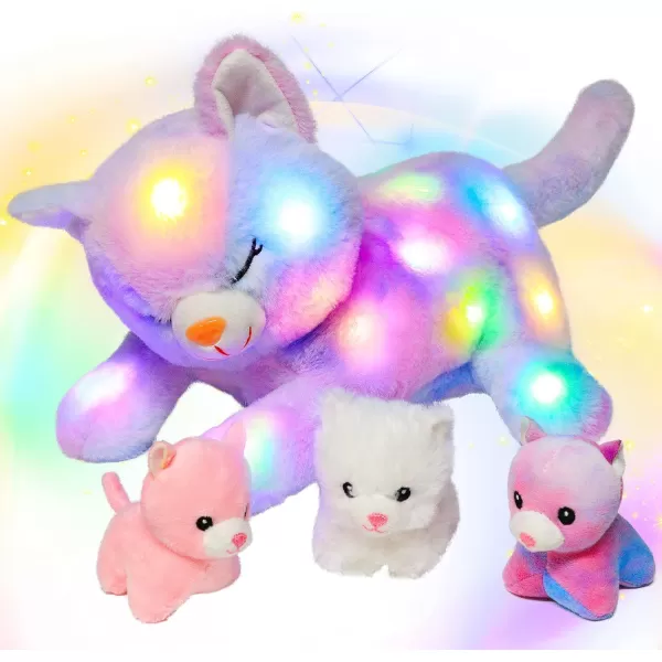 Hopearl LED Plush Unicorn Lighting Up Stuffed Mommy Unicorn with 3 Baby Unicorns in her Tummy Stuffed Animal Playset Night Lights Glow in The Dark for Mom Toddler Girls Rainbow 1901 Cat