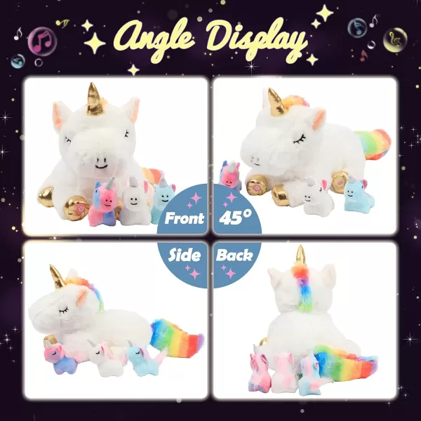 Hopearl LED Plush Unicorn Lighting Up Stuffed Mommy Unicorn with 3 Baby Unicorns in her Tummy Stuffed Animal Playset Night Lights Glow in The Dark for Mom Toddler Girls Rainbow 1903 White Unicorn