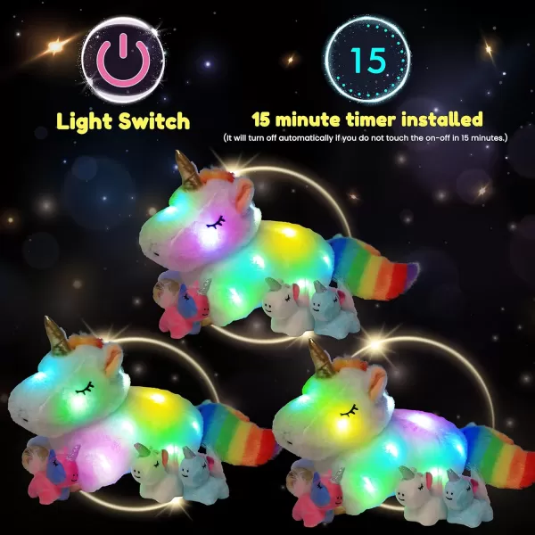 Hopearl LED Plush Unicorn Lighting Up Stuffed Mommy Unicorn with 3 Baby Unicorns in her Tummy Stuffed Animal Playset Night Lights Glow in The Dark for Mom Toddler Girls Rainbow 1903 White Unicorn