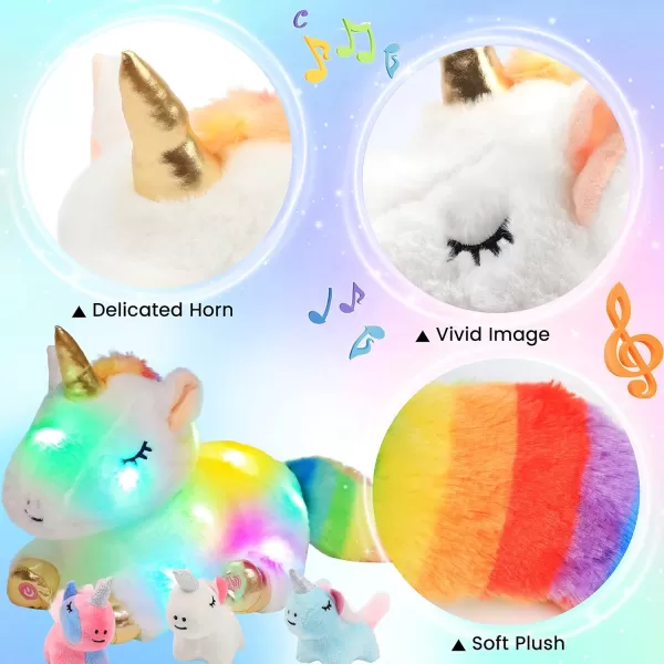 Hopearl LED Plush Unicorn Lighting Up Stuffed Mommy Unicorn with 3 Baby Unicorns in her Tummy Stuffed Animal Playset Night Lights Glow in The Dark for Mom Toddler Girls Rainbow 1903 White Unicorn