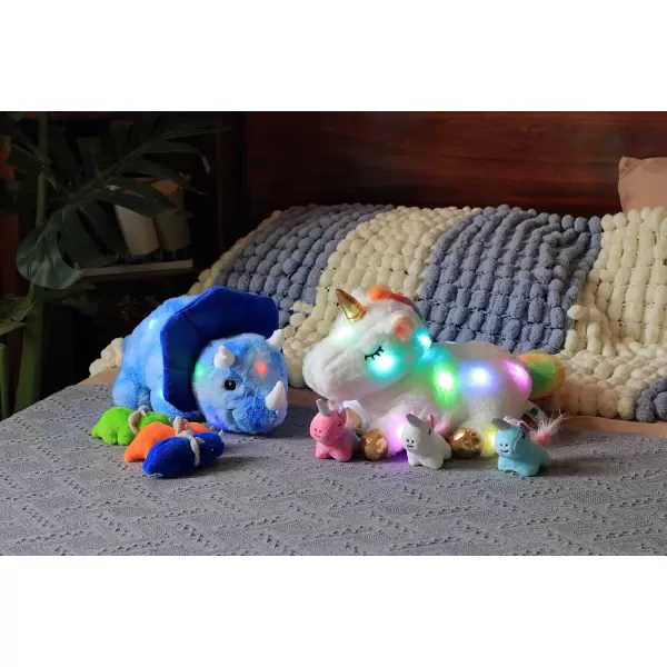 Hopearl LED Plush Unicorn Lighting Up Stuffed Mommy Unicorn with 3 Baby Unicorns in her Tummy Stuffed Animal Playset Night Lights Glow in The Dark for Mom Toddler Girls Rainbow 1904 Triceratops