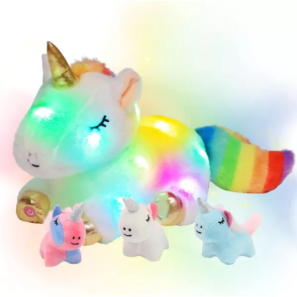 Hopearl LED Plush Unicorn Lighting Up Stuffed Mommy Unicorn with 3 Baby Unicorns in her Tummy Stuffed Animal Playset Night Lights Glow in The Dark for Mom Toddler Girls Rainbow 1903 White Unicorn