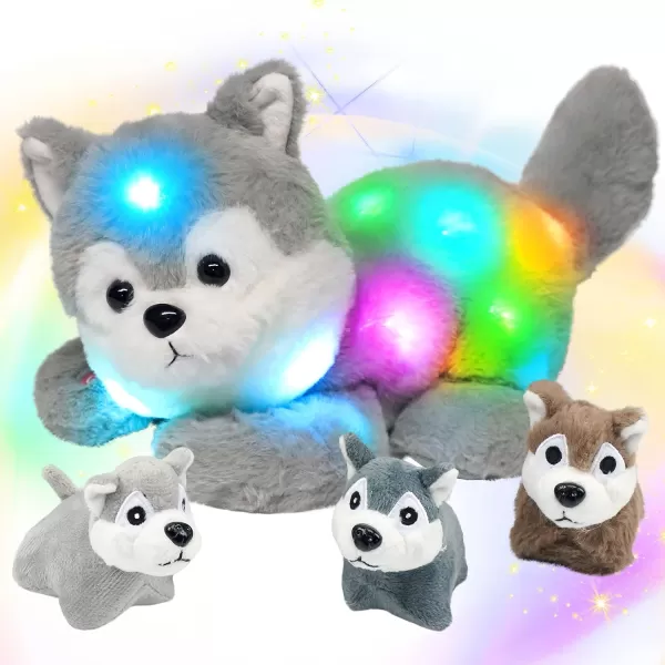 Hopearl LED Plush Unicorn Lighting Up Stuffed Mommy Unicorn with 3 Baby Unicorns in her Tummy Stuffed Animal Playset Night Lights Glow in The Dark for Mom Toddler Girls Rainbow 1907 Husky