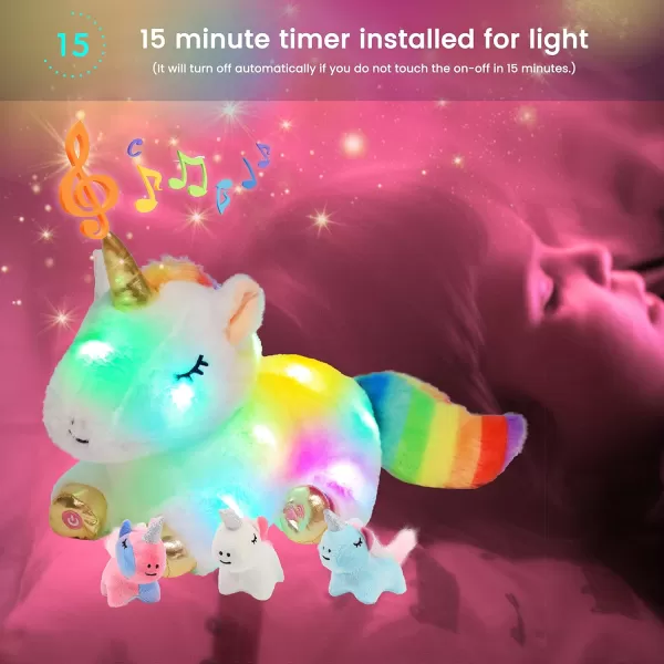 Hopearl LED Plush Unicorn Lighting Up Stuffed Mommy Unicorn with 3 Baby Unicorns in her Tummy Stuffed Animal Playset Night Lights Glow in The Dark for Mom Toddler Girls Rainbow 1903 White Unicorn