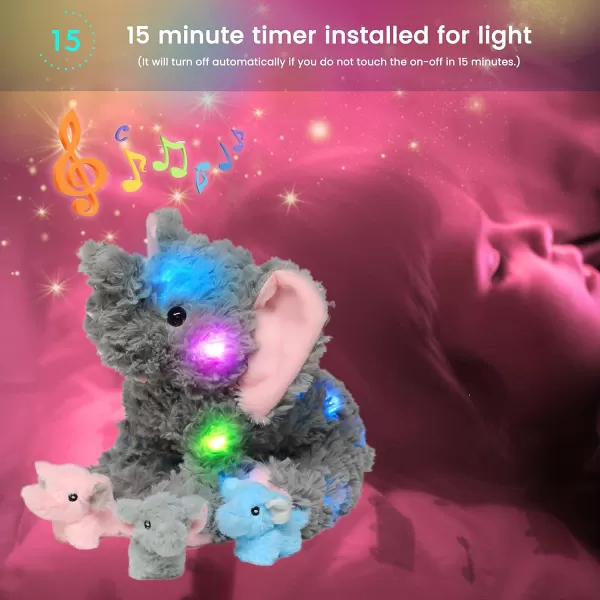 Hopearl LED Plush Unicorn Lighting Up Stuffed Mommy Unicorn with 3 Baby Unicorns in her Tummy Stuffed Animal Playset Night Lights Glow in The Dark for Mom Toddler Girls Rainbow 1906 Elephant