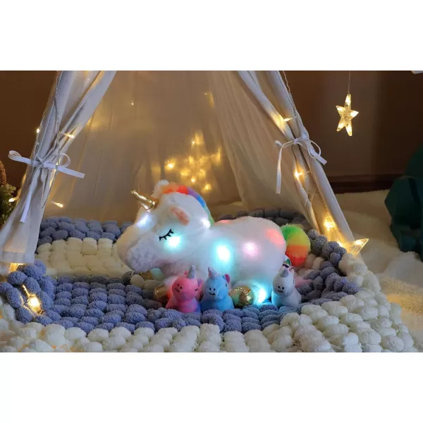 Hopearl LED Plush Unicorn Lighting Up Stuffed Mommy Unicorn with 3 Baby Unicorns in her Tummy Stuffed Animal Playset Night Lights Glow in The Dark for Mom Toddler Girls Rainbow 1903 White Unicorn