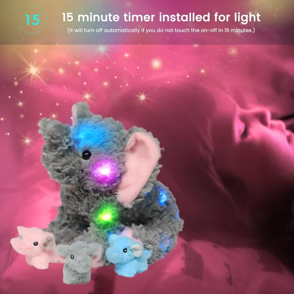 Hopearl LED Plush Unicorn Lighting Up Stuffed Mommy Unicorn with 3 Baby Unicorns in her Tummy Stuffed Animal Playset Night Lights Glow in The Dark for Mom Toddler Girls Rainbow 1906 Elephant