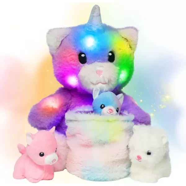 Hopearl LED Plush Unicorn Lighting Up Stuffed Mommy Unicorn with 3 Baby Unicorns in her Tummy Stuffed Animal Playset Night Lights Glow in The Dark for Mom Toddler Girls Rainbow 1908 Kitty With Basket