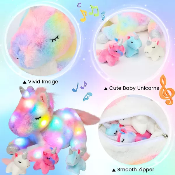 Hopearl LED Plush Unicorn Lighting Up Stuffed Mommy Unicorn with 3 Baby Unicorns in her Tummy Stuffed Animal Playset Night Lights Glow in The Dark for Mom Toddler Girls Rainbow 1902 Unicorn