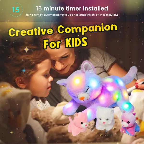 Hopearl LED Plush Unicorn Lighting Up Stuffed Mommy Unicorn with 3 Baby Unicorns in her Tummy Stuffed Animal Playset Night Lights Glow in The Dark for Mom Toddler Girls Rainbow 1901 Cat