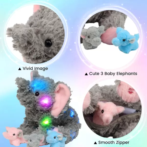 Hopearl LED Plush Unicorn Lighting Up Stuffed Mommy Unicorn with 3 Baby Unicorns in her Tummy Stuffed Animal Playset Night Lights Glow in The Dark for Mom Toddler Girls Rainbow 1906 Elephant