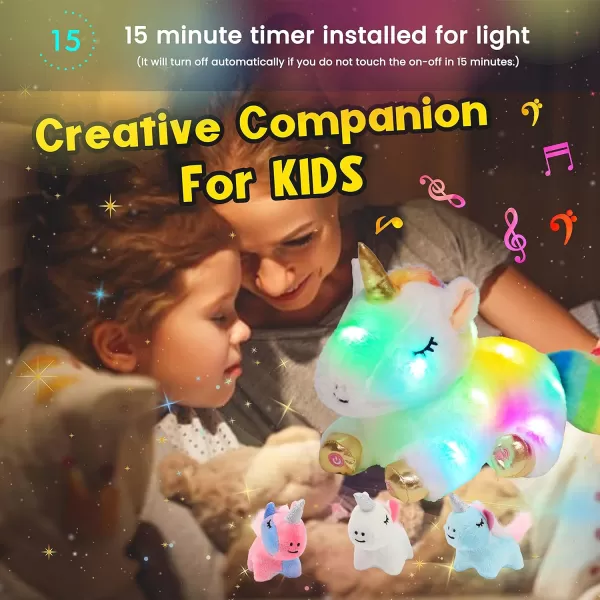 Hopearl LED Plush Unicorn Lighting Up Stuffed Mommy Unicorn with 3 Baby Unicorns in her Tummy Stuffed Animal Playset Night Lights Glow in The Dark for Mom Toddler Girls Rainbow 1903 White Unicorn