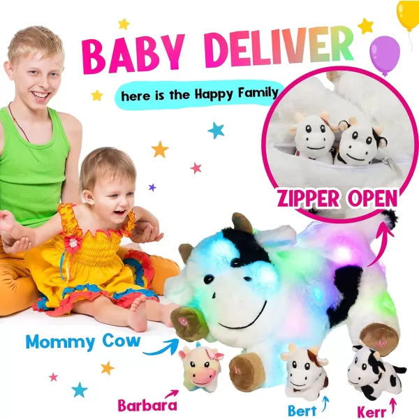 Hopearl LED Plush Unicorn Lighting Up Stuffed Mommy Unicorn with 3 Baby Unicorns in her Tummy Stuffed Animal Playset Night Lights Glow in The Dark for Mom Toddler Girls Rainbow 1905 Cow