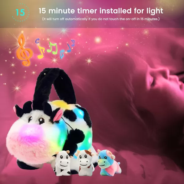 Hopearl LED Plush Unicorn Lighting Up Stuffed Mommy Unicorn with 3 Baby Unicorns in her Tummy Stuffed Animal Playset Night Lights Glow in The Dark for Mom Toddler Girls Rainbow 1910 Cow Bag