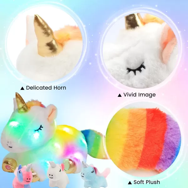 Hopearl LED Plush Unicorn Lighting Up Stuffed Mommy Unicorn with 3 Baby Unicorns in her Tummy Stuffed Animal Playset Night Lights Glow in The Dark for Mom Toddler Girls Rainbow 1903 White Unicorn