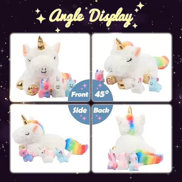 Hopearl LED Plush Unicorn Lighting Up Stuffed Mommy Unicorn with 3 Baby Unicorns in her Tummy Stuffed Animal Playset Night Lights Glow in The Dark for Mom Toddler Girls Rainbow 1903 White Unicorn