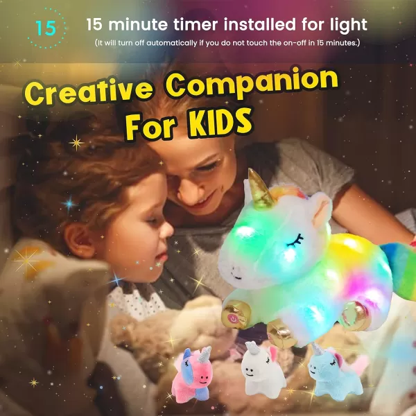 Hopearl LED Plush Unicorn Lighting Up Stuffed Mommy Unicorn with 3 Baby Unicorns in her Tummy Stuffed Animal Playset Night Lights Glow in The Dark for Mom Toddler Girls Rainbow 1903 White Unicorn