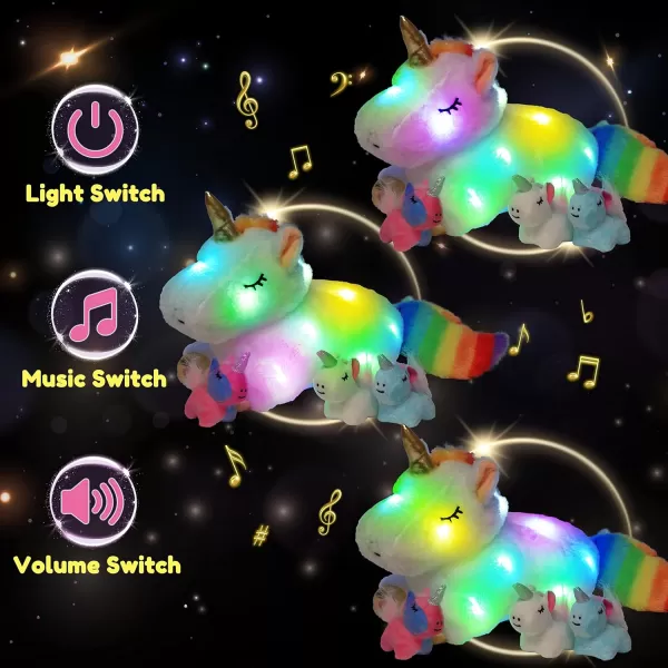 Hopearl LED Plush Unicorn Lighting Up Stuffed Mommy Unicorn with 3 Baby Unicorns in her Tummy Stuffed Animal Playset Night Lights Glow in The Dark for Mom Toddler Girls Rainbow 1903 White Unicorn