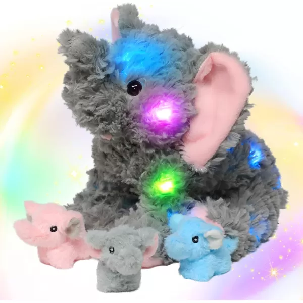 Hopearl LED Plush Unicorn Lighting Up Stuffed Mommy Unicorn with 3 Baby Unicorns in her Tummy Stuffed Animal Playset Night Lights Glow in The Dark for Mom Toddler Girls Rainbow 1906 Elephant