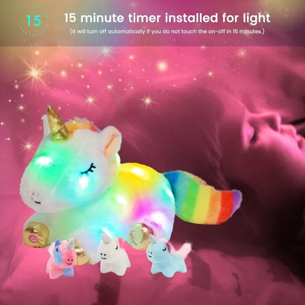 Hopearl LED Plush Unicorn Lighting Up Stuffed Mommy Unicorn with 3 Baby Unicorns in her Tummy Stuffed Animal Playset Night Lights Glow in The Dark for Mom Toddler Girls Rainbow 1903 White Unicorn