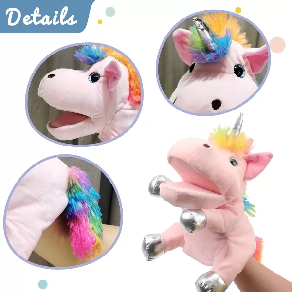 Hopearl Plush Unicorn Hand Puppet with Open Movable Mouth for Imaginative Play Role Play Interactive Toy for Storytelling Teaching Puppet Theater Birthday Gifts for Kids Girls White 12Pink Unicorn