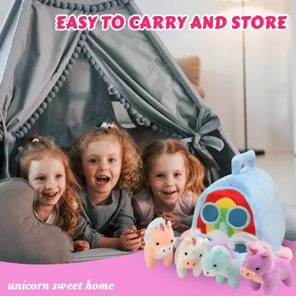 Hopearl Unicorn Plush Rainbow Bag with 4 Baby Unicorns Stuffed Animals Play Set Toy House with Handle Plush Toy Set Gifts for Girls Toddlers Age 3 4 5 6 7 8 Year Old 11Unicorn