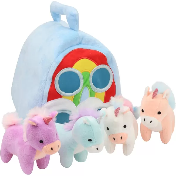 Hopearl Unicorn Plush Rainbow Bag with 4 Baby Unicorns Stuffed Animals Play Set Toy House with Handle Plush Toy Set Gifts for Girls Toddlers Age 3 4 5 6 7 8 Year Old 11Unicorn