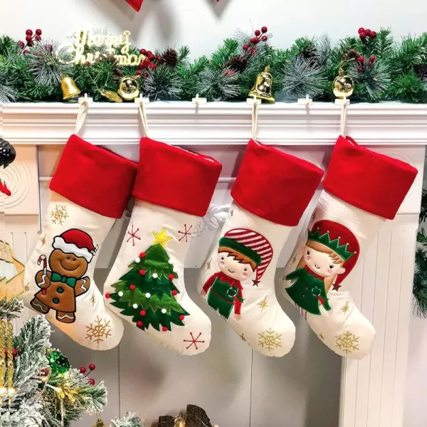 Hopearl 19 Christmas Stockings Kit 4 Pcs Xmas Stocking Boy Girl Gingerbread Man Rustic Flax Socks Holders Ornament Gift Bags for Family Xmas Tree Party Supplies